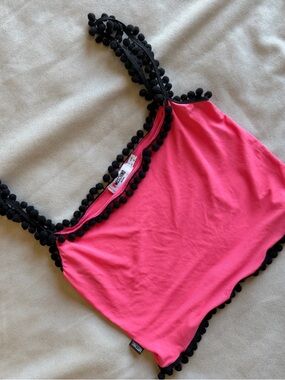 AUTHENTIC Y2K MOSCHINO HOT PINK CAMI WITH BLACK POM-POM TRIM CUTE STRAPPY